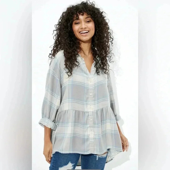 New AMERICAN EAGLE WOMEN Y2K GREYBLUEOVERSIZED FLANNEL BABYDOLL SHIRT - Picture 1 of 7